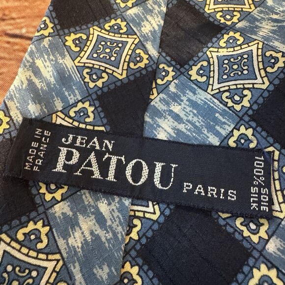 Jean Patou Paris Necktie Men’s Blue Silk Geometric Checked Wide 50” Regency - Picture 3 of 6
